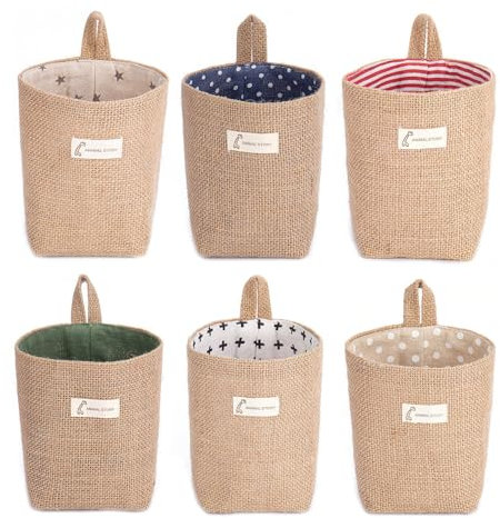 Rmeet 6 PCS Mini Storage Baskets Small Hamper Basket Cotton Linen Stair Basket to Make Hampers Wall-Hanging for Organizing Storage Pocket Collapsible Decor Bin Bag for Room Wall Door Closet