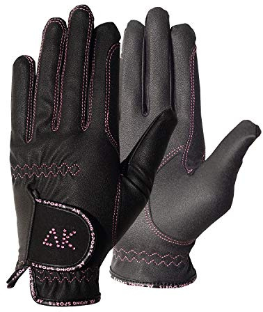 AK Horse Riding Gloves Guanti da equitazione per donne, uomini e bambini, con pietre Horse Riding Gloves AKRS-6710 (Black/Pink, L)