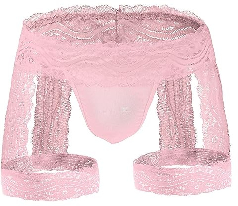 Tanga Encaje Sexy Hombre Calzoncillos Bóxer Sissy, Bikini Slips Transparente Ligas,Ropa Interior Elástica,Thong Transpirable Hueca,Bragas Pantalones Suspensorio Talle Bajo Lencería Clubwear (Rosa)