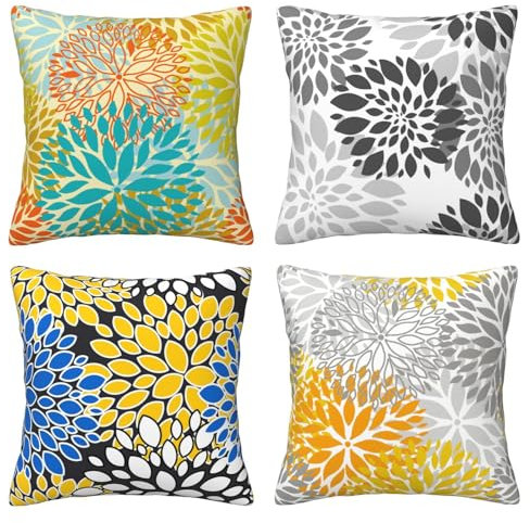 CCOCND Kissenbezüge, Motiv: Dahlie, 45,7 x 45,7 cm, 4 Stück, grau-weiß, Blumenmuster, modern, geometrisch, Heimdekoration, weicher Plüsch-Kissenbezug für Bett, Couch, Sofa, Wohnzimmer, Dekor