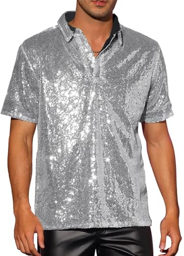 Acrawnni Män gnistrande paljetter skjorta vintage sommar 1/4 gnistrande knapp kortärmad disco toppar 70-talet party klubb nyhet blank skjorta rave toppar, A-silver, 3XL