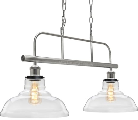 Long Life Lamp Company 2 Light Pendant Light Chrome Satin Nickel Retro Clear Glass Shade Ceiling Light Chain Suspended Island Lantern H3131