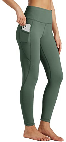 Willit Fleecefodrade damleggings, termiska vinterbyxor, hög midja, varma yogabyxor med fickor, Armégrönt, L
