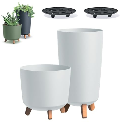 DIKEL 2X Runder Blumentopf ⌀ 24 cm x 44,5 cm und ⌀ 30 cm x 28,5 cm | Pflanzkübel mit 4 Steckfüßen | Übertöpfe für drinnen und draußen | Pflanzentopf Dekoration für Haus und Garten | Weiß