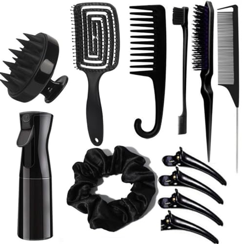 12Pcs Hair Comb Detangling Brush Sets for Women,Professional Salon Styling Brush Sets for Curly Hair with Spray Bottle and Clips (02 Black)