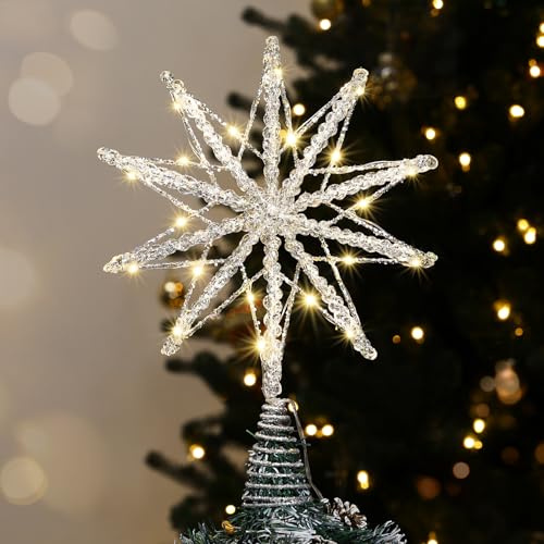Luxspire Punta de Árbol de Navidad, Estrella Iluminada con Control Remoto USB, 10 Luces Decorativas de Metal Transparente, Luces Vintage Modernas para el Hogar Fiestas Navideñas, Plata