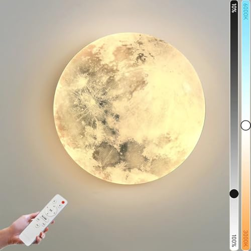 LOGT LED Mond Wandleuchte Innen Dimmbar mit Fernbedienung 48W Nachttischlampe Runde Deko Wandlampe Mond Modern Design Nacht Licht Hintergrund Wandbeleuchtung für Schlafzimmer, Wohnzimmer,A,48CM