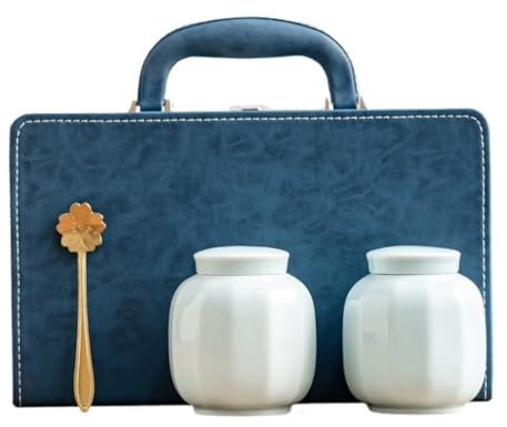 Tea Organizer Loose Tea Storage Container Jar Ceramic Sealed Jar Empty Jar with Tea Spoon Tea Set Double Jar Gift Box Set Handbag Tea Caddy(C)