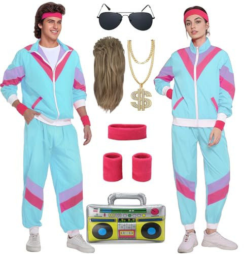 Miulruma 80er Jahre Kostüm Herren Damen 80er 90er Jahre Outfit mit 80er Jahre Gürteltasche 80er Accessoire Retro Stil Mottoparty Kostüm Trainingsanzug Anzug Kleidung Blau A040L