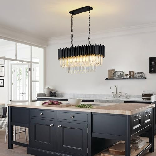 HUABANG Moderner Kristall Schwarzer Kronleuchter, Ovale Kristall Pendelleuchte, Luxus Kücheninsel Kronleuchter für Wohnzimmer, Esszimmer, Restaurant, E14 x 8, L78 x B28 x H36 cm