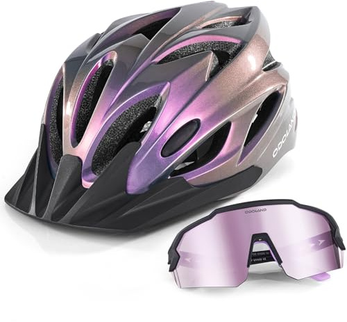 Odoland Casco da Bici Flash con Occhiali da Ciclismo Casco da Ciclismo per Adulti per Bici da Strada Mountain Bike Caschi a 360° Leggero e Regolabile per Uomini e Donne, Viola Cangiante