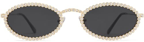 SOJOS Polarisierte Oval Strass Glitzer Sonnenbrille Damen Sunglasses | Retro Metal 90er Jahre Styles Bling Disco Brille mit Breites Gesicht,SJ1205