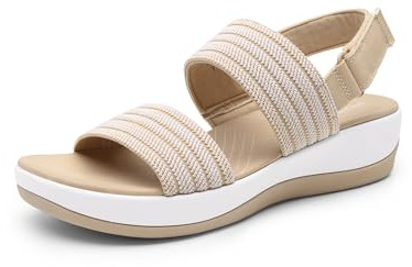 DREAM PAIRS Women's Walking Sandals Lightweight Soft Footbed Low Wedge Comfort Indoor Outdoor Flat Sandals,Size 8,Beige,DWUMFS2522