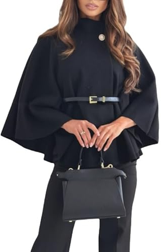 LIUYUYOUGO Dam elegant poncho-ullblandning kort kappa mode stående krage sjalar kappa 3/4 fladdermusärm vinter ull pektoat jacka trench ytterkläder med bälte, Svart, S