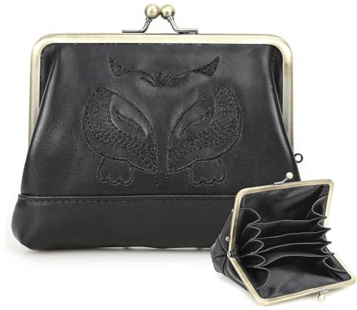 Contacts Monedero de Cuero con Cierre de Beso para Monedas para Mujeres Damas Vintage Tarjetero Pequeño Lindo Cartera para Cambio, Black, Estilo vintage
