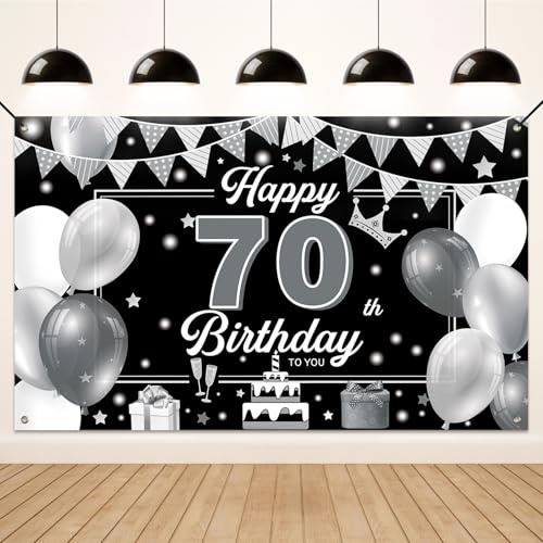 Koliphy Striscione per il 70° compleanno, decorazione di sfondo per il 70° compleanno per uomini e donne, decorazione di sfondo per feste per interni ed esterni (nero argentato)