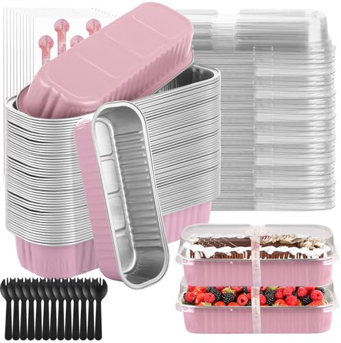 SHUESS 225 PCS/75 Sets Mini Loaf Cake Cases - Mini Loaf Tins with Lids and Spoons - 200ML Reusable Aluminum Mini Cake Tins - Rectangle Baking Tin with Stickers for Cake Bread Baking (Pink)