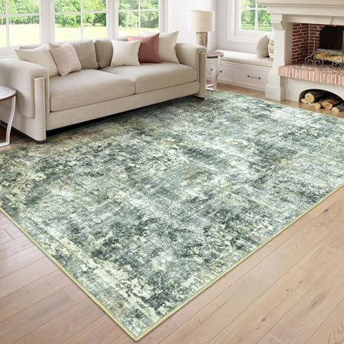 Zhaotingrui Kurzflor Teppich Wohnzimmer 140x200cm, Vintage Teppich Rutschstopp Weich Flauschig, Waschbarer Teppiche Wohnzimmer Modern für Schlafzimmer, Esszimmer, Bettvorleger, Grün&Creme
