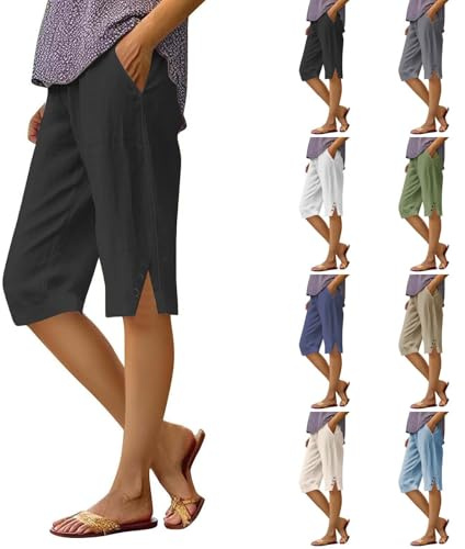 Pantalones 3/4 para mujer, de verano, ligeros, elegantes, muselina, pantalones casuales, de verano, con bolsillos, holgados, pantalones capri, elásticos, cómodos, pantalones de lino, deportes, ocio