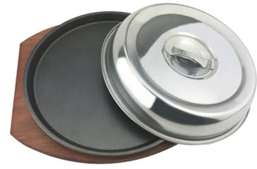 Runde Eisenplatte Grillpfanne für Herd, 1 Satz und Metall | Antihaft Beschichtete Oberfläche, Wärmeleitung, Inklusive Holzpalette, Westküchen Deckel