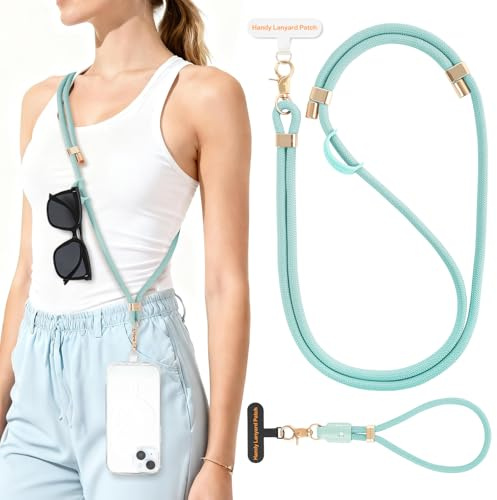 Oaridey 2er Set Anti-Diebstahl Handykette Universal, enthält verstellbares Handyband zum Umhängen und Handykette kurz. Mit 2 Handy Lanyard Patches und robustem Haken für Kopfhörer, Schlüssel, Blau