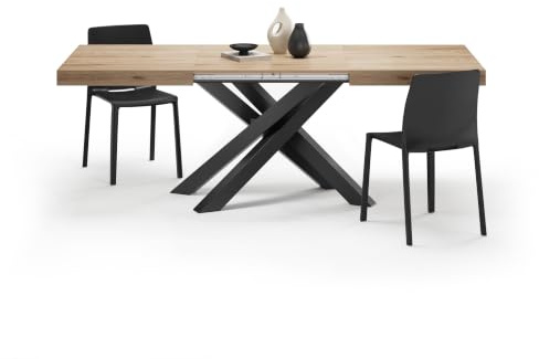 MOBILI FIVER, Ausziehbarer Esstisch Emma 140(220) x90 cm, Wildeiche mit Schwarzen gekreuzten Beinen, Made In Italy