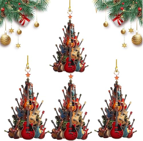 4 Stück Weihnachtsbaum Gitarre Anhänger, Acryl Cartoon Katze Dekorative Ornamente, 2D Spaß Weihnachtsanhänger Deko Christbaumschmuck Weihnachtsschmuck Geschenk (4 Stück)