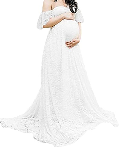 Tsawntd moderskap fotografi klänning spets fin graviditet klänning axellös blommig för gravid vit S