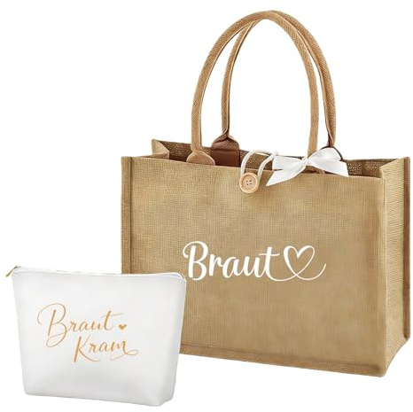 Scinzene Set di 2 borse da sposa in iuta da sposa, regalo con borsa cosmetica da sposa, accessori JGA per matrimoni, ufficio del registro e luna di miele