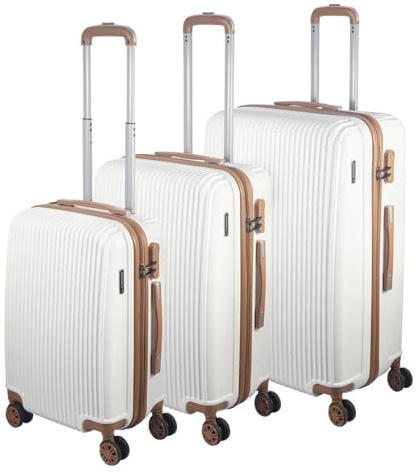 Laroqx Hartschalenkoffer Set 3 Teilig, Weiß Mit Braunen Akzenten | Kratzresistente Premium Hartschale, 55 64 74 cm, 360-Grad-Doppelrollen, Integriertes Zahlenschloss, Teleskopgriff