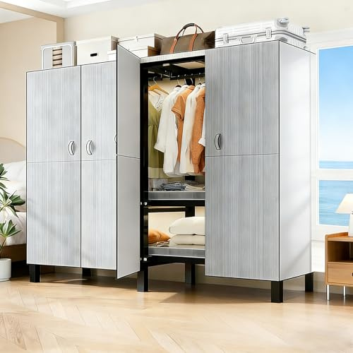 Faltbarer Kleiderschrank, 500 Kg, 242cm Großer Kapazität Stoffkleiderschrank mit 2 Hängenden Schienen, Tragbarer Stoffschrank Kleiderschrank mit Abdeckung für Schlafzimmer (G Gray Door, 150cm)
