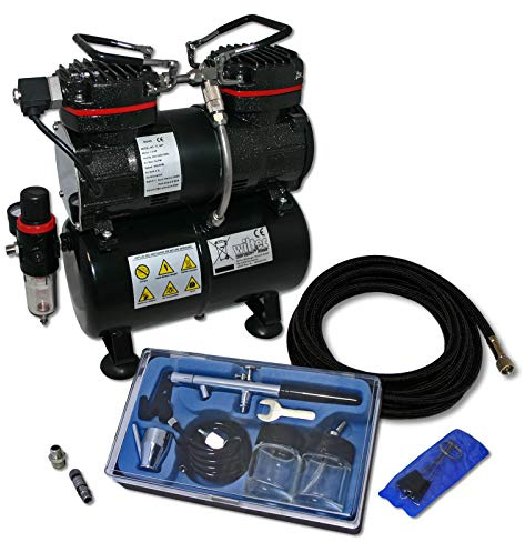 Wiltec Einsteiger Airbrush Kompressor Set AS196 mit 1 Airbrushpistole Typ 128 und umfangreichem Zubehör, 3 l Drucktank, für Modellbau, Tattoos, Nailart