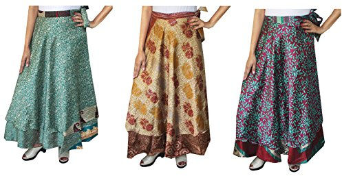 Maple Clothing Wholesale 3 Pcs Lot Two Layers Women's Indian Sari Magic Wrap Around Long Skirt Multicoloured