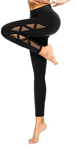 romansong Damen Mesh Leggings Yoga Hose mit Tasche, Nicht durchsichtig, Capri hohe Taille Bauchkontrolle 4-Wege-Stretch