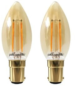 paul russells LED Candle Filament Light – 2.5W 20W Equivalent Replacement, 200LM Lumens, 2200K Extra Warm White, SBC B15 Small Bayonet Cap C35 Bulbs – Energy Saving Non-Dimmable Lamps - 2 Pack
