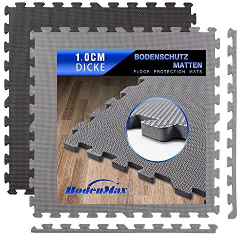 BodenMax Bodenschutzmatte 60x60x1cm – Eva Puzzlematte für Fitness, Heimtraining & Pool – rutschfest, stoßdämpfend – 12/48 Teile – Sportmatte, Turnmatte, Unterlegmatte in Grau & Schwarz