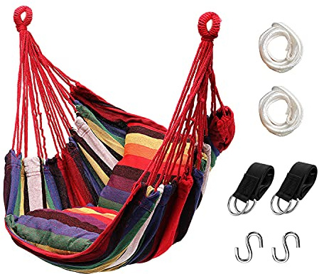 Hommtina hängstol hängande rep gunga, max 136 kg hängande stol med ficka och hållbarhet, perfekt för utomhusbruk, hem, sovrum, uteplats, gård (kuddar ingår inte, färgglad)
