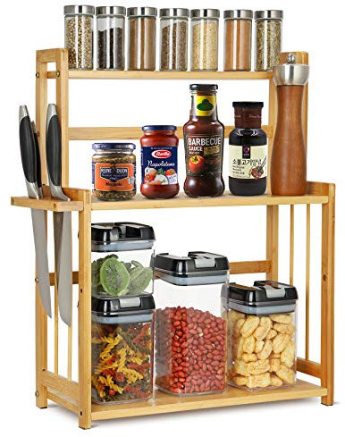 autumndeer Bambus Gewürzregal Küchenregal mit 3 Etagen Gewürzständer, Küchen-Organizer Hochwertiger Gewürzständer/Kräuter-Regal im Setfür Küche Schreibtisch Organizer für Badezimmer