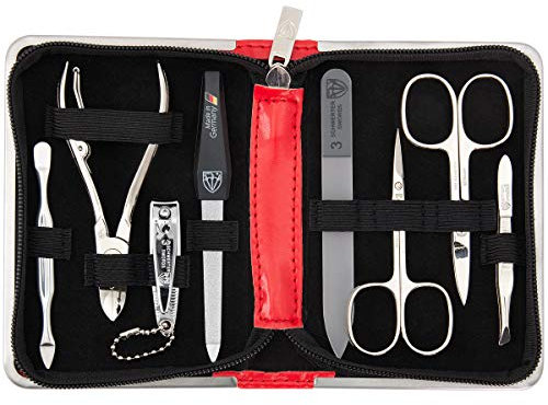 DREI SCHWERTER Germany Nagelpflegeset Nageletui 'Andria' - 8-tlg. aus rotem Kunstleder, Inhalt: Nagelschere, Nagelzange, Glasnagelfeile, Hautschere, Pinzette und vieles mehr!