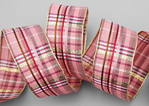 finemark 20 m x 40 mm Karo Dekoband Santa's Pants ROSA Gold Kariertes Geschenkband mit formstabilen Kanten glänzend Schleifenband Stoffband Deko Band Weihnachten Advent Lurexkante Goldkante