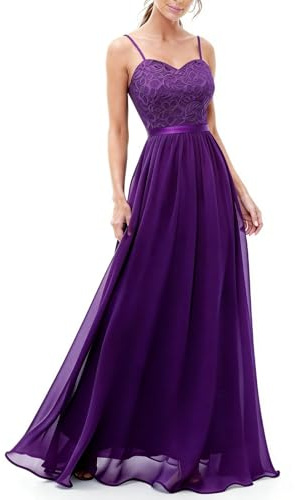 DRESSTELLS Lång aftonklänning med justerbara remmar och blommig spets, elegant och bekväm brudtärneklänning för bröllop, bal och andra speciella tillfällen, Druva, M