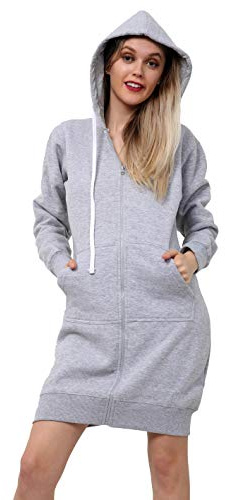 Lång huvtröja för kvinnor dragkedja fleece långa ärmar damer fleece lång casual huvtröjor sweatshirts jumper fleece topp cardigan kappa, Lång huvtröja H grå, 50-52