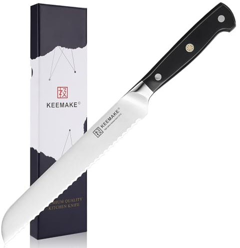 KEEMAKE Serrated Bread Knife for Homemade Bread 8 Inch, Sharp High Carbon German Stainless Steel Blade, Bread Cutter with Full Tang Black Handle for Slicing Bread, Bagels,Cake