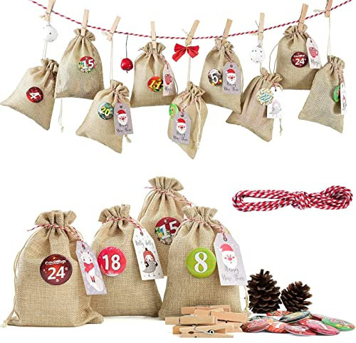 Adventskalender zum Befüllen Groß 13x17cm, Weihnachtskalender Jutesäckchen Selberfüllen, 24 jutebeutel Kette zum selber befüllbar und Aufhängen, 2022 Geschenksäckchen für Männer Kinder Hellbraun