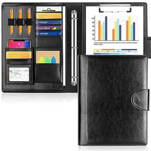 Toplive Portfolio 3 Ring Binder Padfolio Folder, Business Interview Resume Portfolio for Women Men A4/Letter Size Document Organizer with Clipboard Receipt Sleeve Card Holder, Black