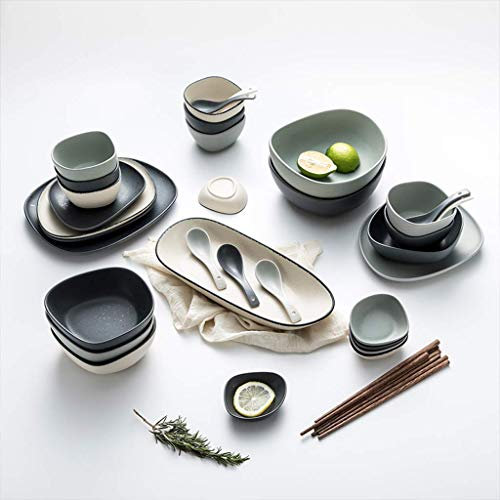 Vajilla, Juego de vajilla, Plato Llano de cerámica esmaltada Mate de 42 Piezas - Tazón/Plato/Cuchara | Juego de combinación de Porcelana Irregular