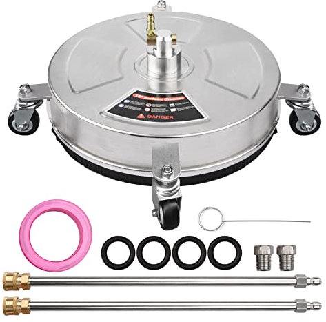 Irishom 46cm/18inch Pressure Washer Surface Cleaner Stainless Steel Housing Power Washer Accessory with 1/4 Inch Quick Connector 4 Wheels 2 Nozzles 2 Extension Wands 4000PSI