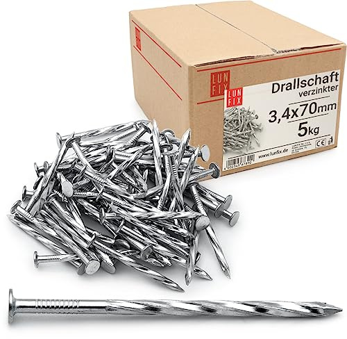 Lun Fix Holznägel 3,4 x 70 mm 5kg ca. 975 Stk Flachkopf Drallschaft | Bauarbeiten Baunägel lang Drahtstifte Nägel für Tischlerarbeiten, Dachkonstruktionen, Zimmerleute