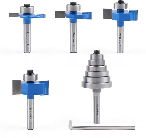 Newdeli Rabbet Router Bit Set 1/4 Inch Shank - 4Pcs Rabbeting Router Bits（1/8,1/4,3/8, 1/2 Height） with 6 Bearings Set (3/8, 1/2, 5/8, 3/4, 7/8, 1-1/8 Bearings) - Wood Biscuit Slot Cutters