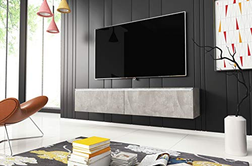 MINIO go for it TV Schrank Donna, Breite 140 cm, TV Lowboard, Stehend oder Hängend, Fernsehschrank für das Wohnzimmer, Laminierte Spannplatte, Moderner Stil, Beton - LED Beleuchtung